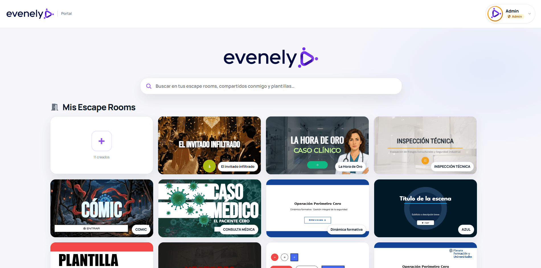 Captura de pantalla de la plataforma Evenely: Tu panel de dinámicas