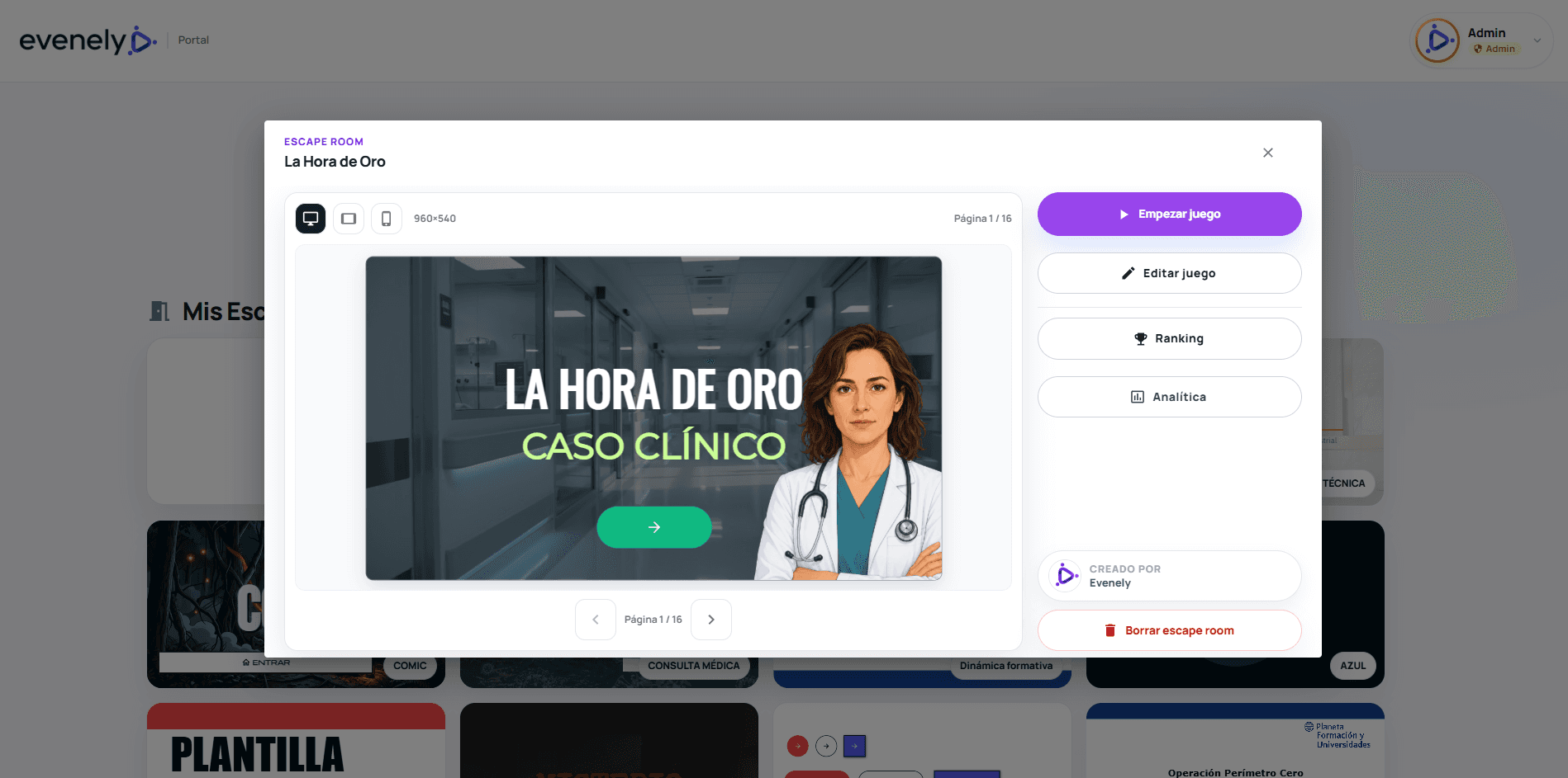 Captura de pantalla de la plataforma Evenely: Previsualiza antes de lanzar
