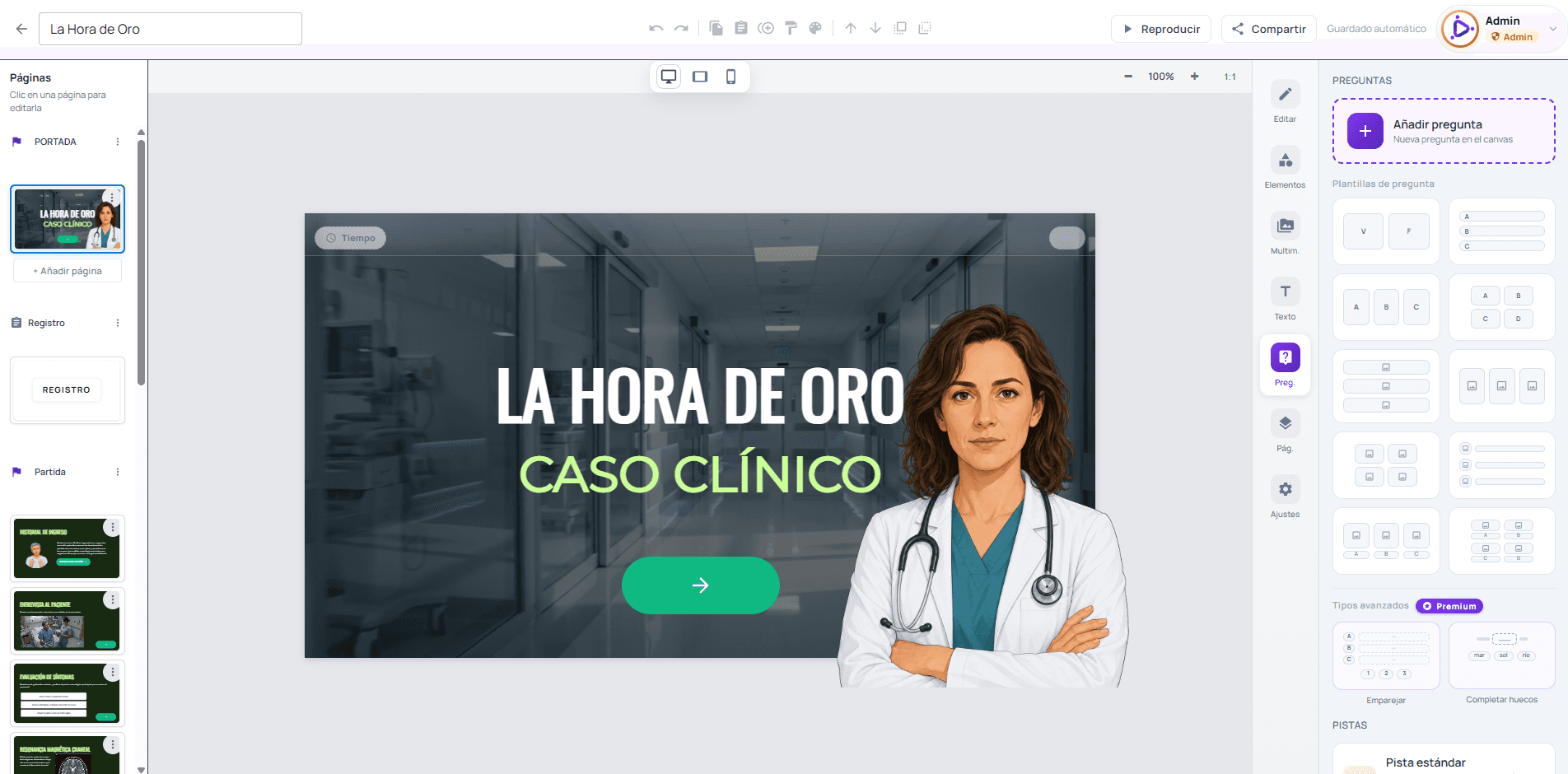 Captura de pantalla de la plataforma Evenely: Edita con el editor visual